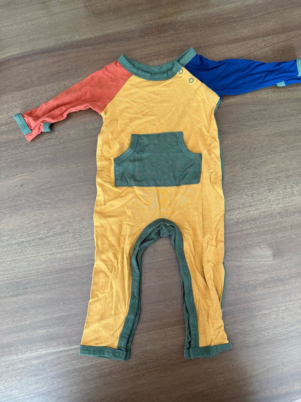 Kyte BABY Colorblock Footie in Mustard, Red & Blue with Forest Trim
